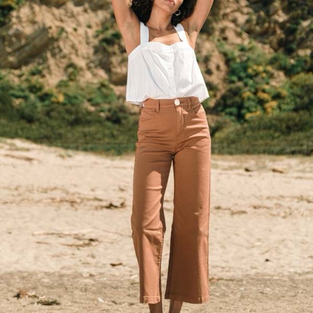Whimsy + Row Pants Cotton Chino Camel Tan Flora Wide Leg Pants High Rise